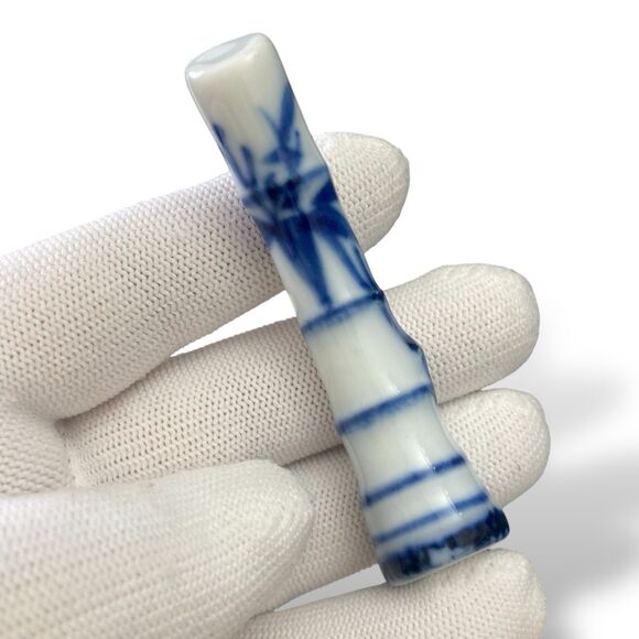 Japanese Blue & White Porcelain Ceramic Chopstick Rests Set of 6 Bamboo Pattern - Picture 3 of 5